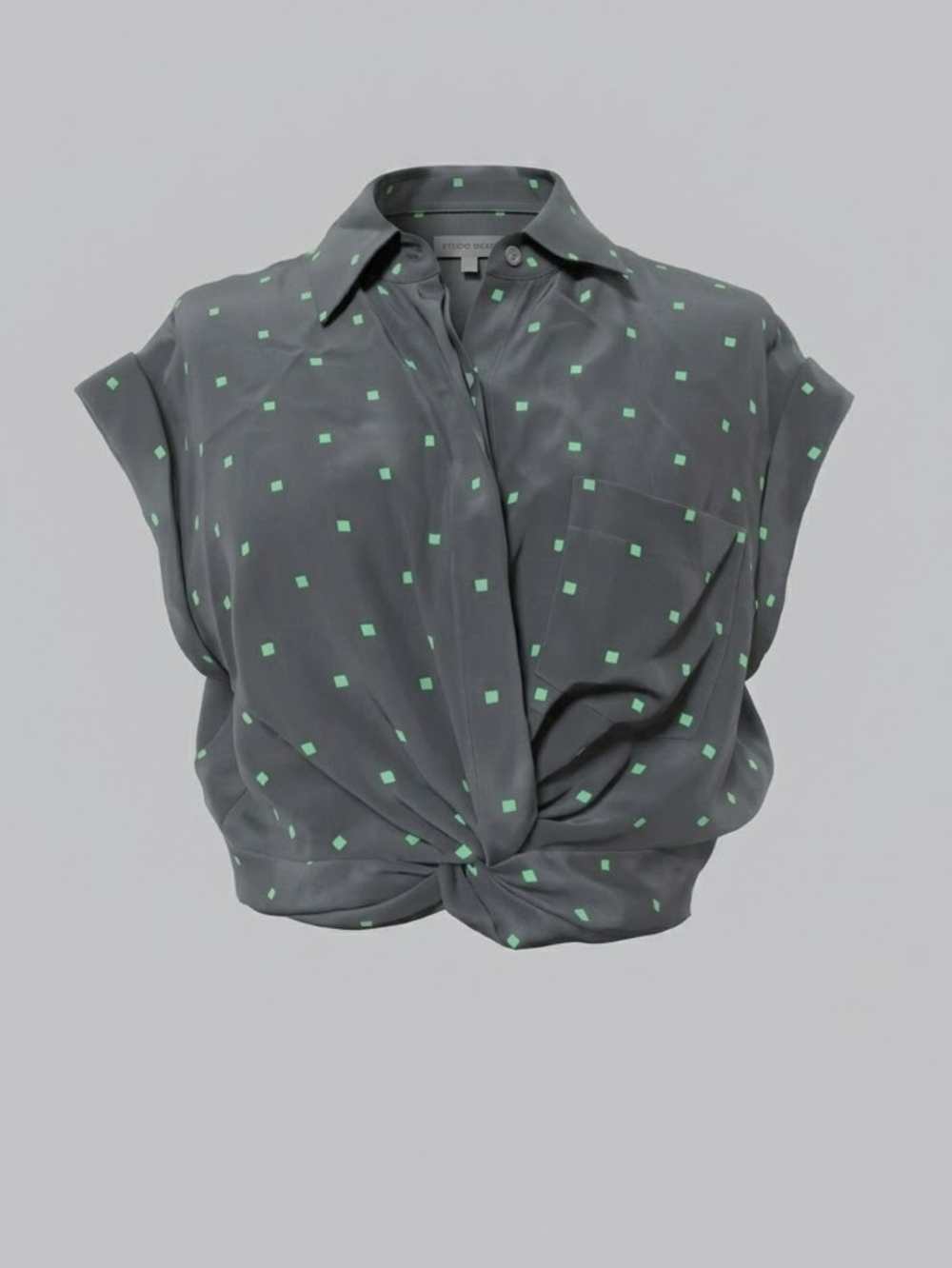 Sleeveless Knot-Front Blouse in Slate with Mint Dots